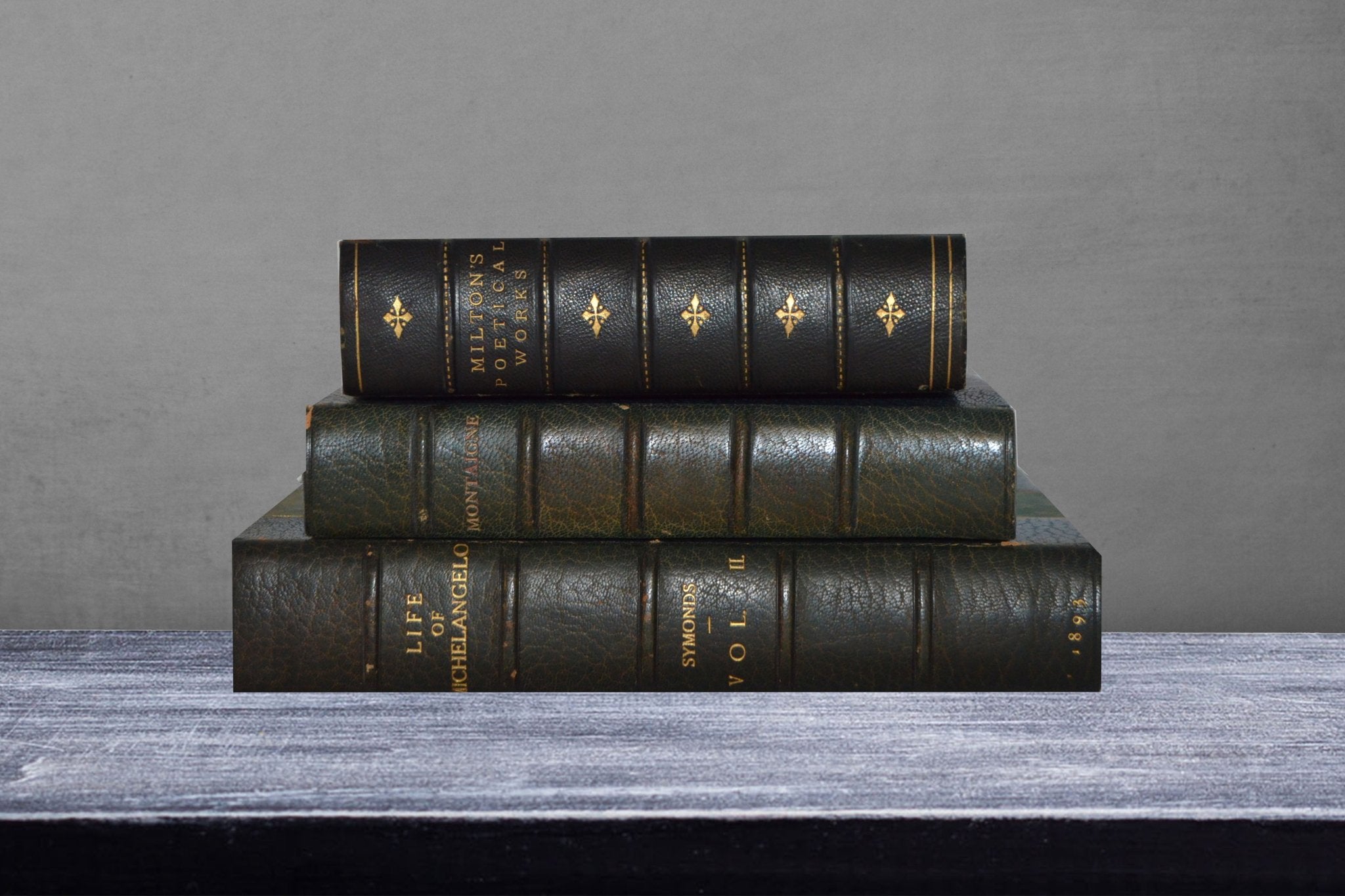 Antique Leather Bound Book Décor – John Milton, Michel de Montaigne, Michelangelo 1853 - Brookfield Books