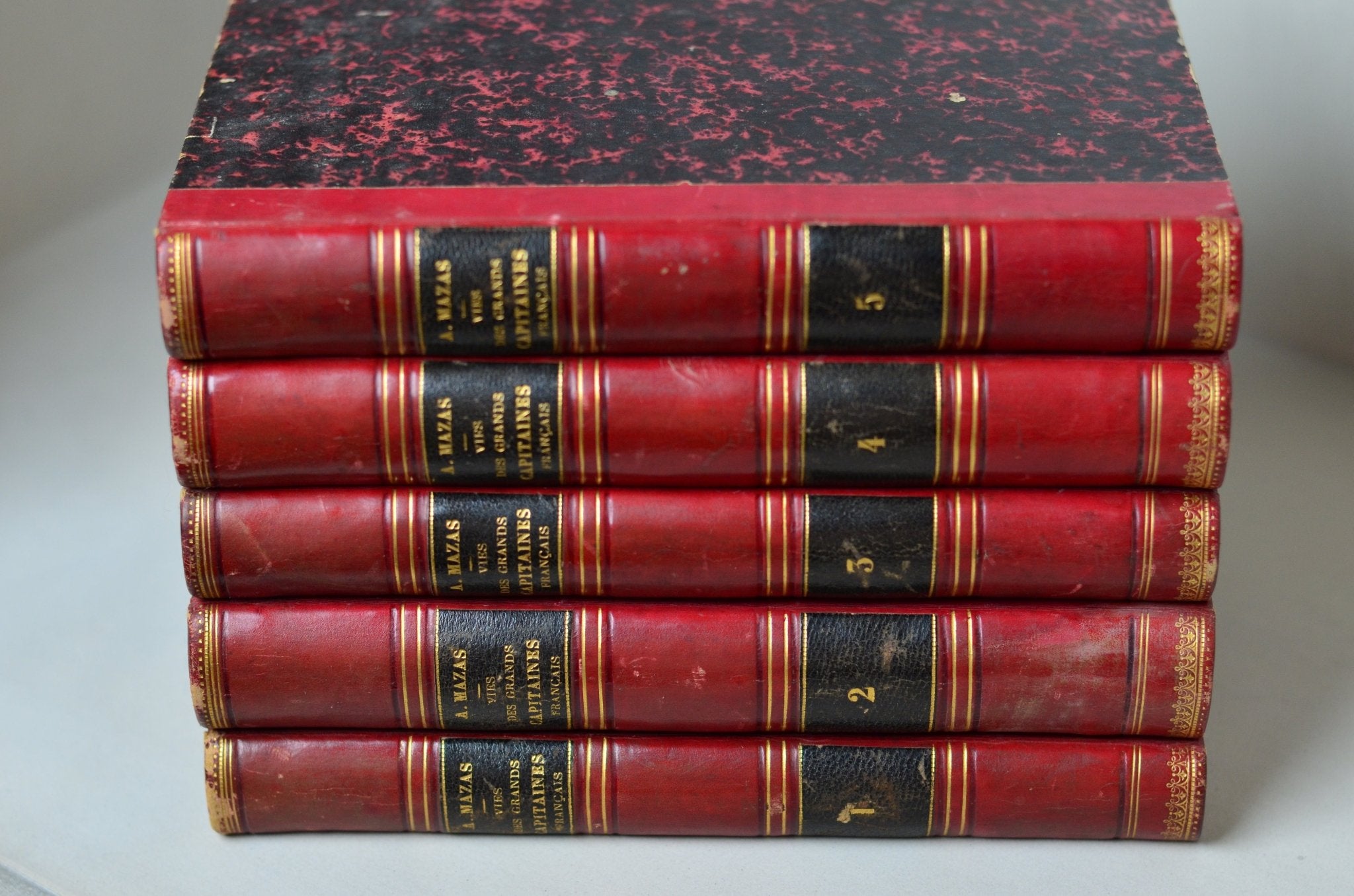 Antique Leather Bound Book Decor - Red, Lives of the Great French Captains 1845 - Brookfield Books