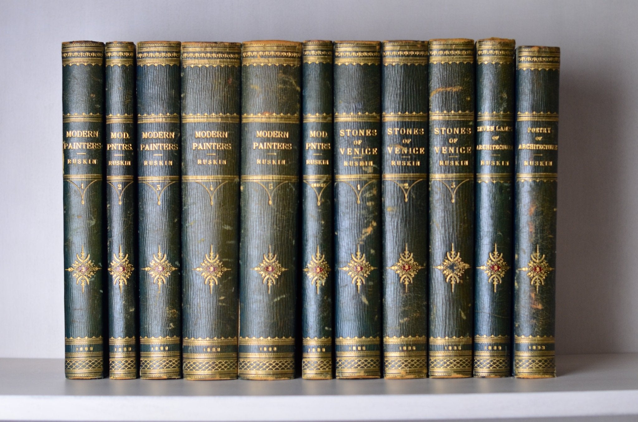 Antique Leather Bound Works of John Ruskin 1886 - Modern Painters, Stones of Venice, Architecture – Oversize - Brookfield Books