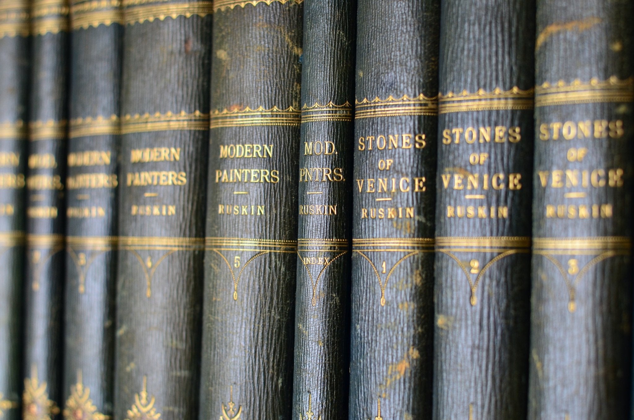 Antique Leather Bound Works of John Ruskin 1886 - Modern Painters, Stones of Venice, Architecture – Oversize - Brookfield Books