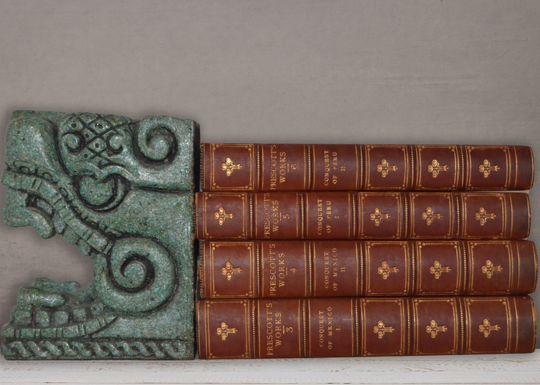 Antique Leather Bound Complete Works of William Prescott 1900 - Peru Mexico with Bookends - Brookfield Books