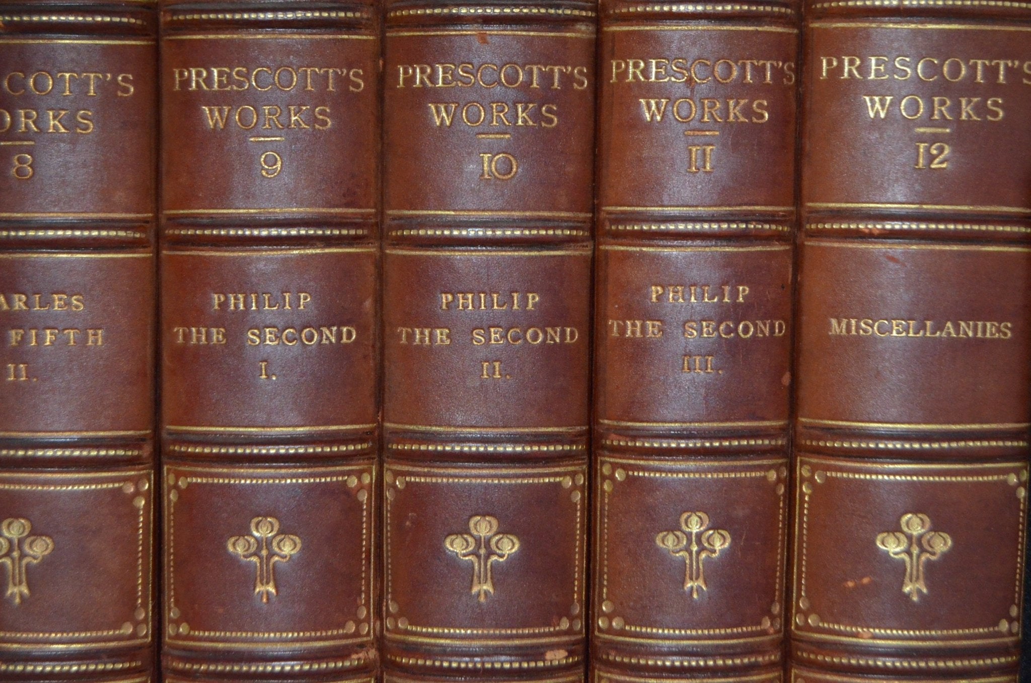 Antique Leather Bound Complete Works of William Prescott 1900 - Peru Mexico with Bookends - Brookfield Books