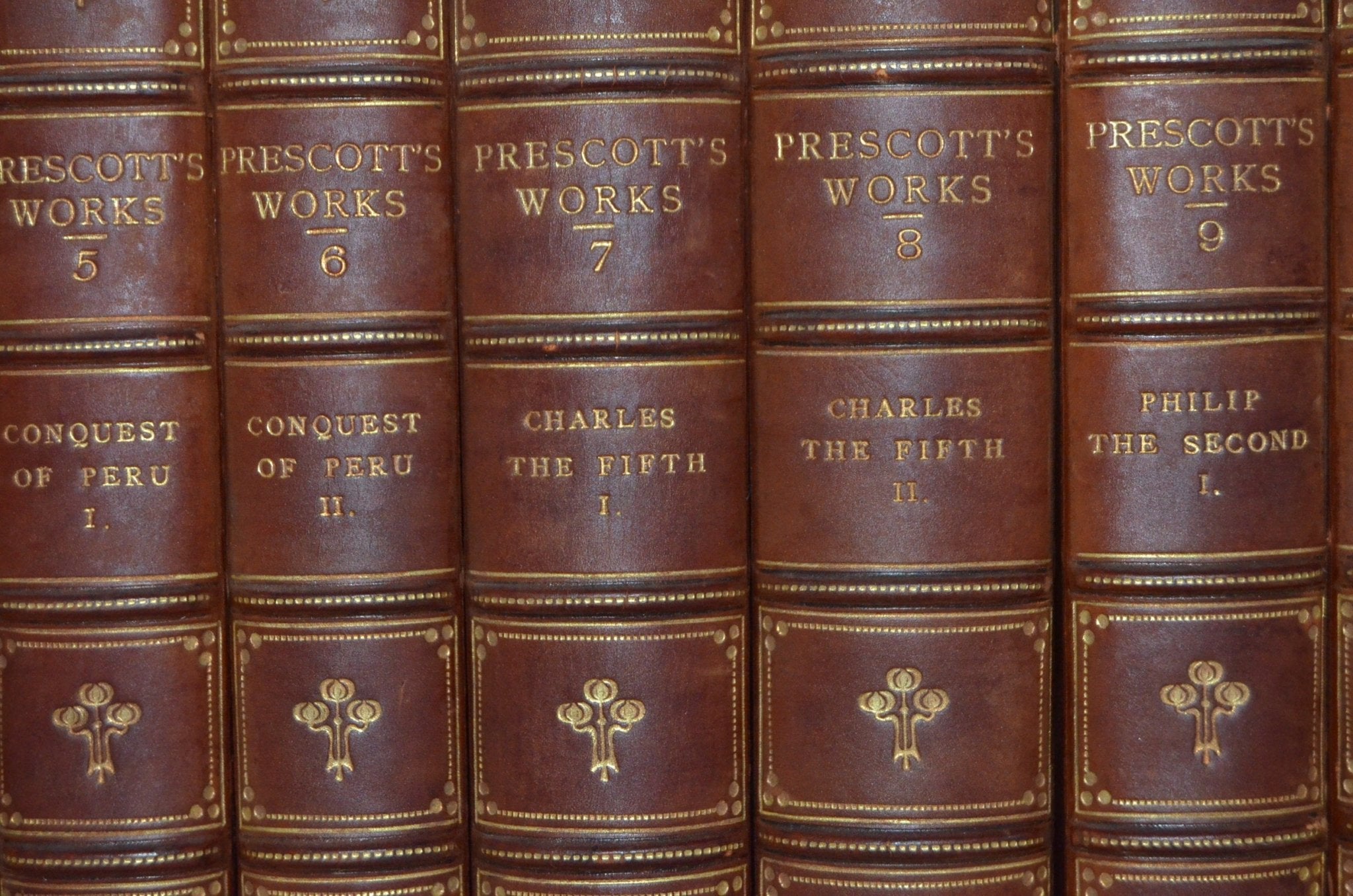 Antique Leather Bound Complete Works of William Prescott 1900 - Peru Mexico with Bookends - Brookfield Books