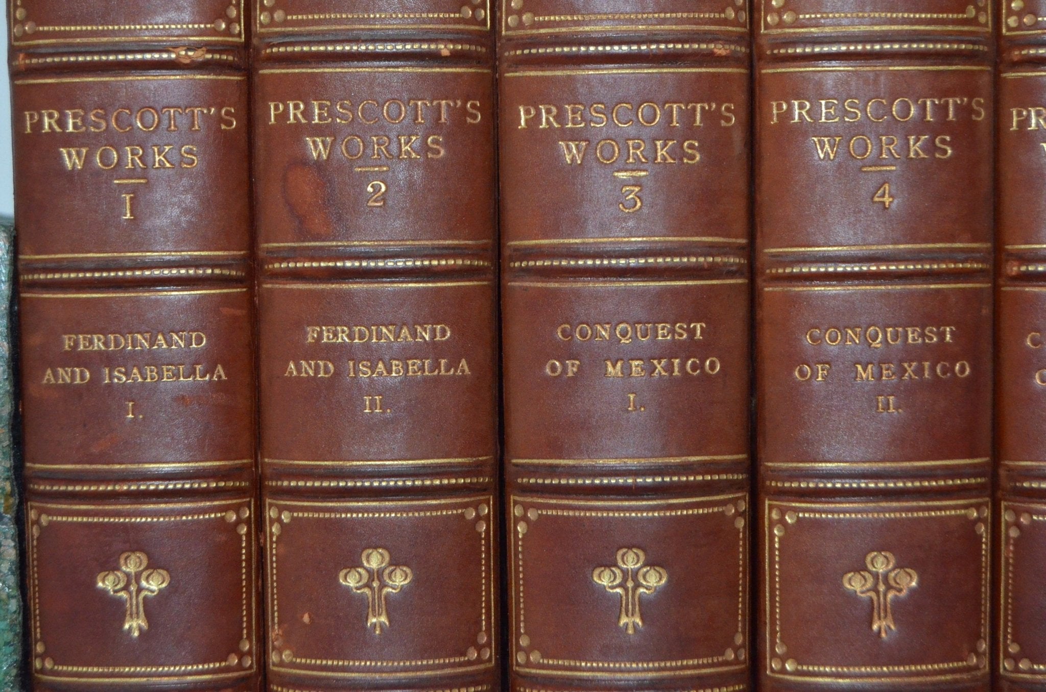 Antique Leather Bound Complete Works of William Prescott 1900 - Peru Mexico with Bookends - Brookfield Books